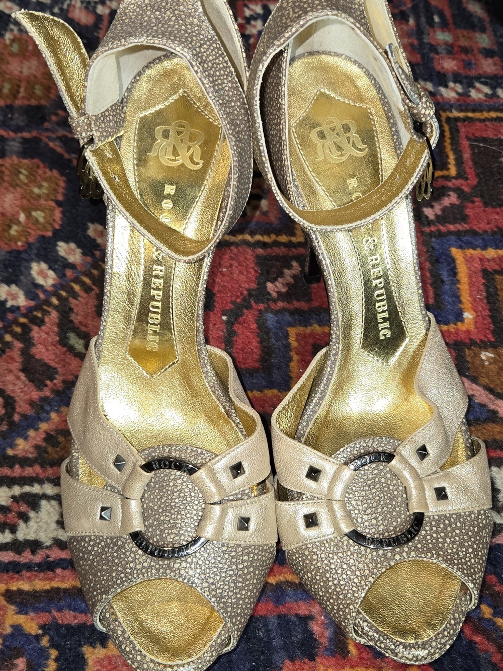 Rock & Republic Metallic Gold Peep-Toe Heels with Stud Detail